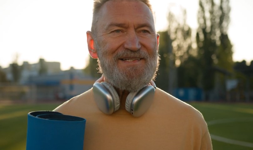 Nasmejani stariji čovek na sunčanom danu, sa slušalicama oko vrata